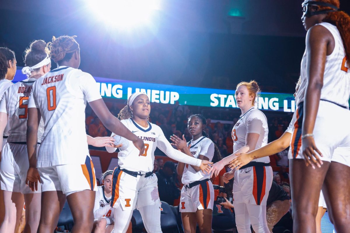 Senior+guard+Makira+Cook+walks+out+for+starting+lineups+on+Feb.+9+against+Northwestern.+Cook+led+the+Illini+with+27+points+in+the+April+3+win+over+Villanova.