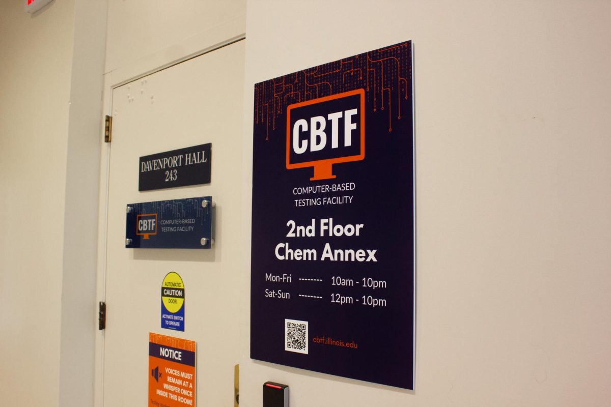 The CBTF sign posted in the Chemistry Annex at 601 S. Mathews Ave. in Urbana.