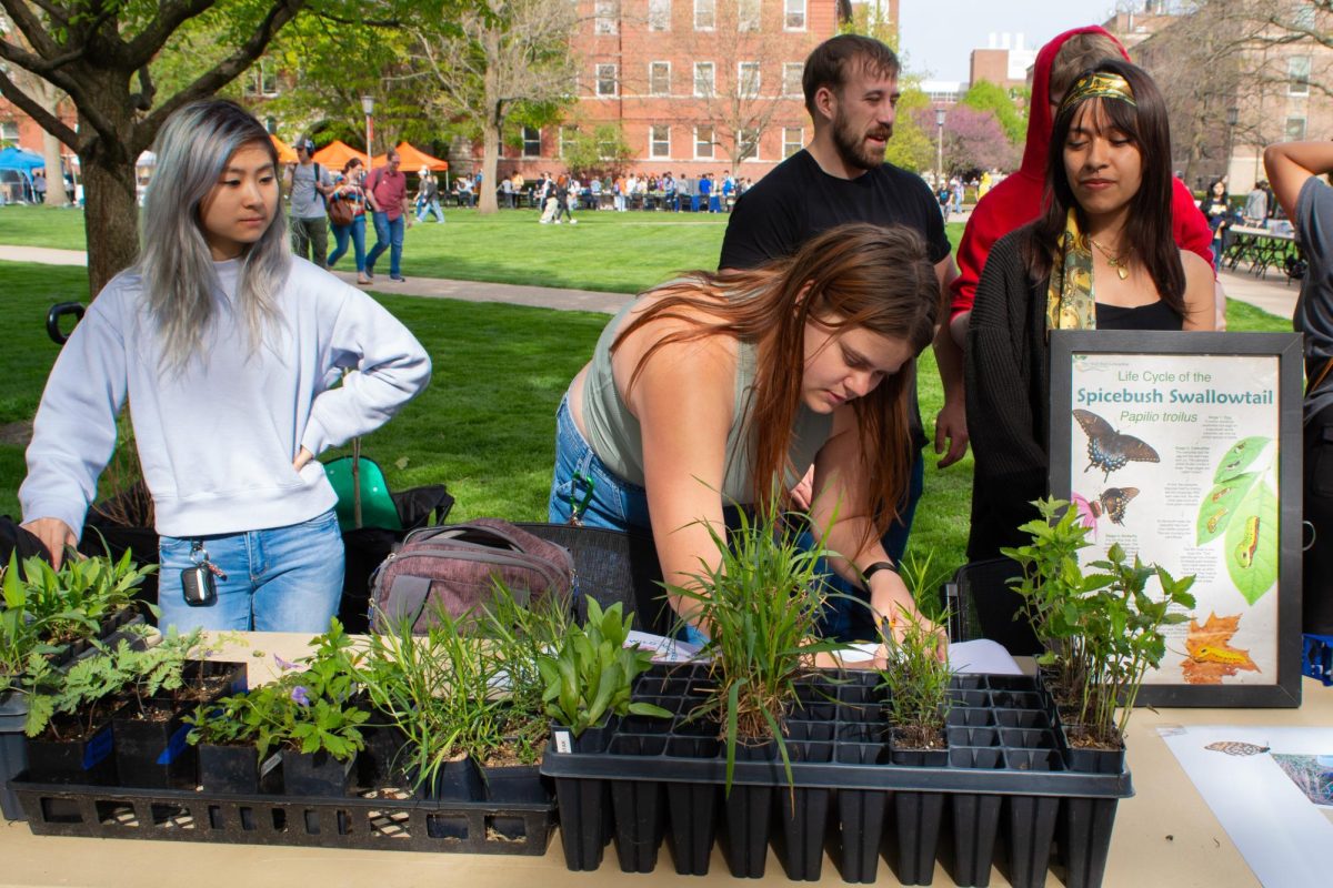 Students in the UI chapter of the American Society of Landscape Architecture display plants beneficial to migrating butterflies during Sustainapalooza on Monday, April 22.
