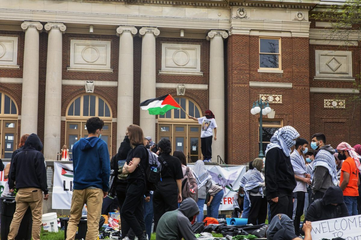 Protesters hang banners from the front barrier of the Foellinger Auditorium while a protester stands on top waving a flag of Palestine.