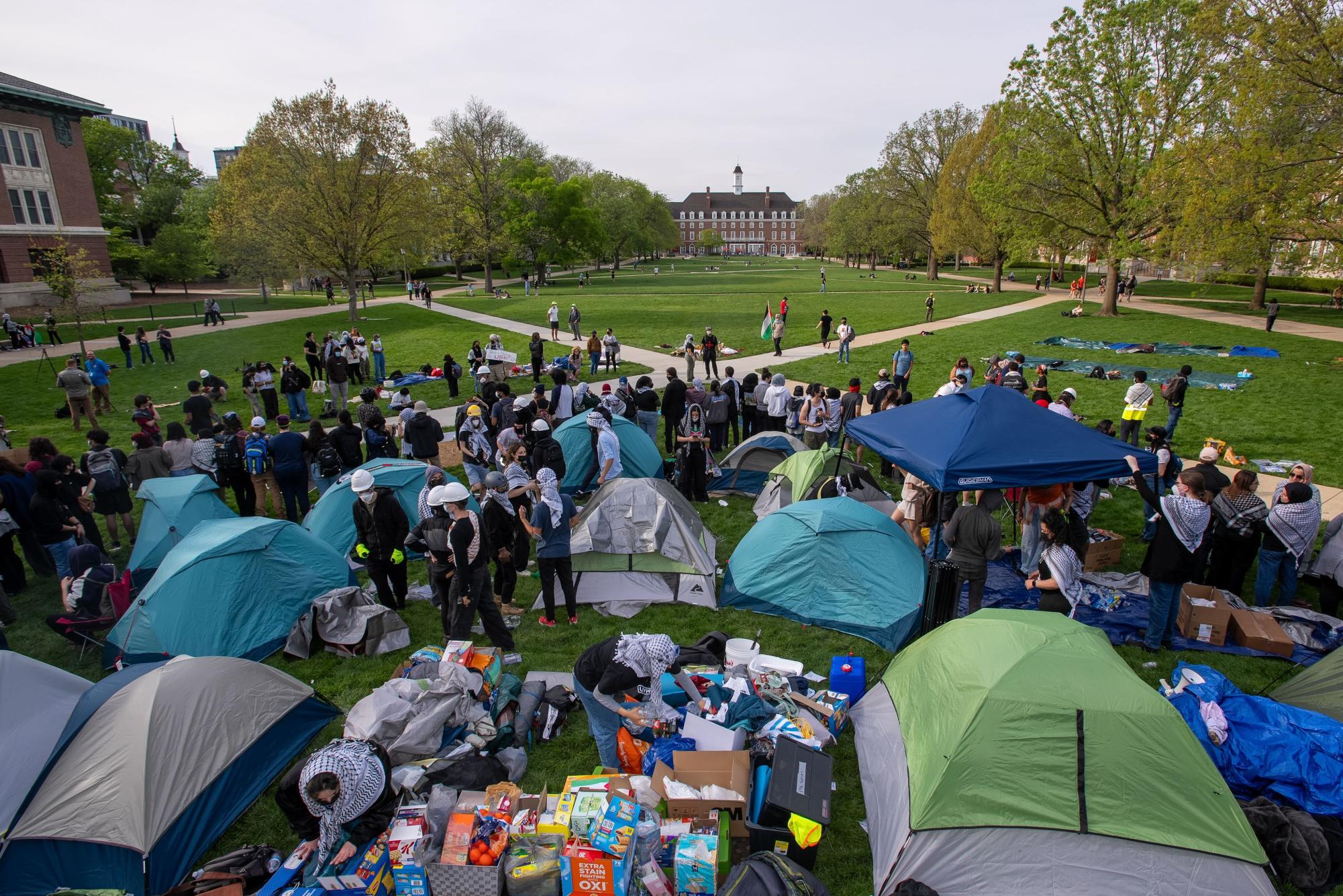 Tents begin to get assembled on the Main Quad. Protesters were informed that they are within their rights to protest on the Main Quad, however structures are not allowed to be erected.