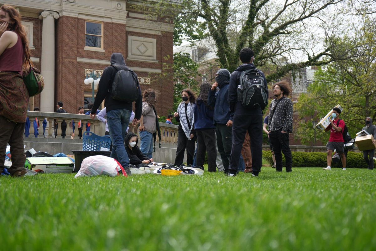 Protesters assemble on the Main Quad to reestablish an encampment. The SJP UIUC Instagram page posted a call for demonstrators at 1:17 p.m.