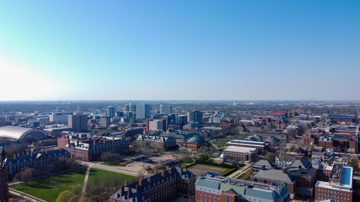 An aerial view of the University of Illinois at Urbana-Champaign.