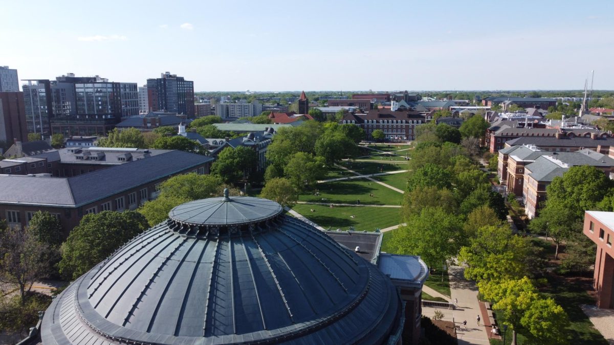 An aerial view of the Main Quad on April 16, 2024.
