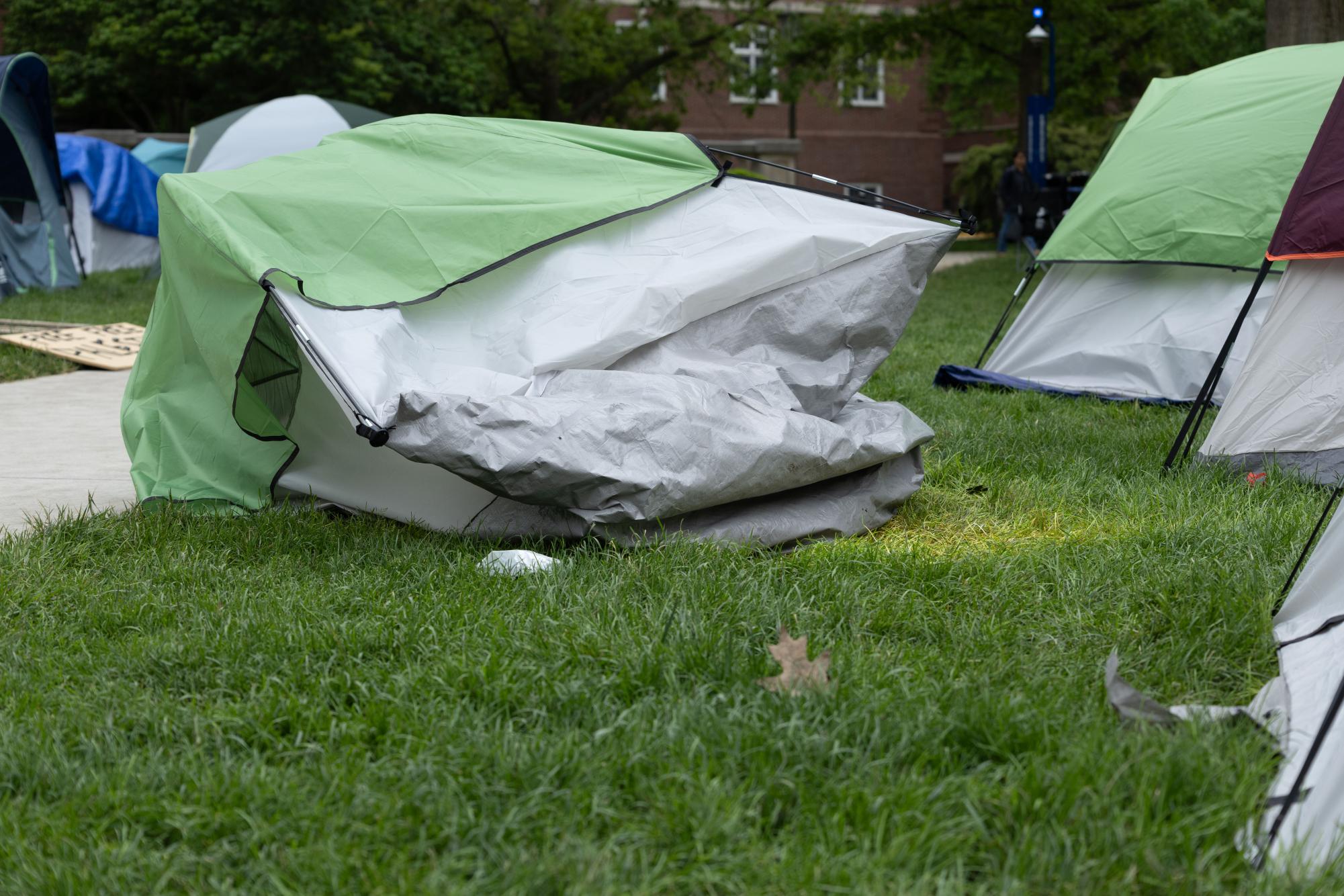 One of the tents at encampment slightly tipped over due to the heavy winds on May 7, 2024.