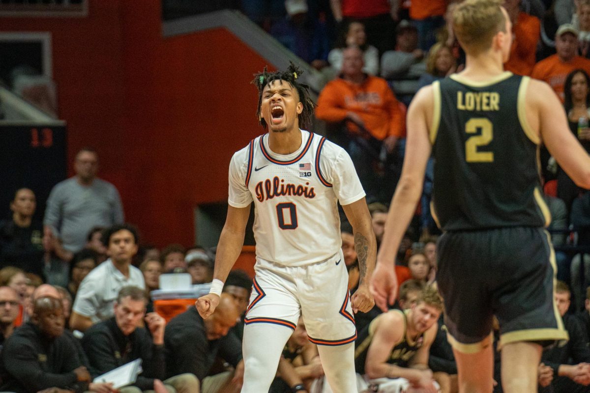 Fifth+year+guard+%230+Terrence+Shannon+Jr.+excitedly+walking+back+to+Illinois%E2%80%99+bench+after+Purdue+calls+a+timeout+during+the+Illinois+v+Purdue+game%2C+March.