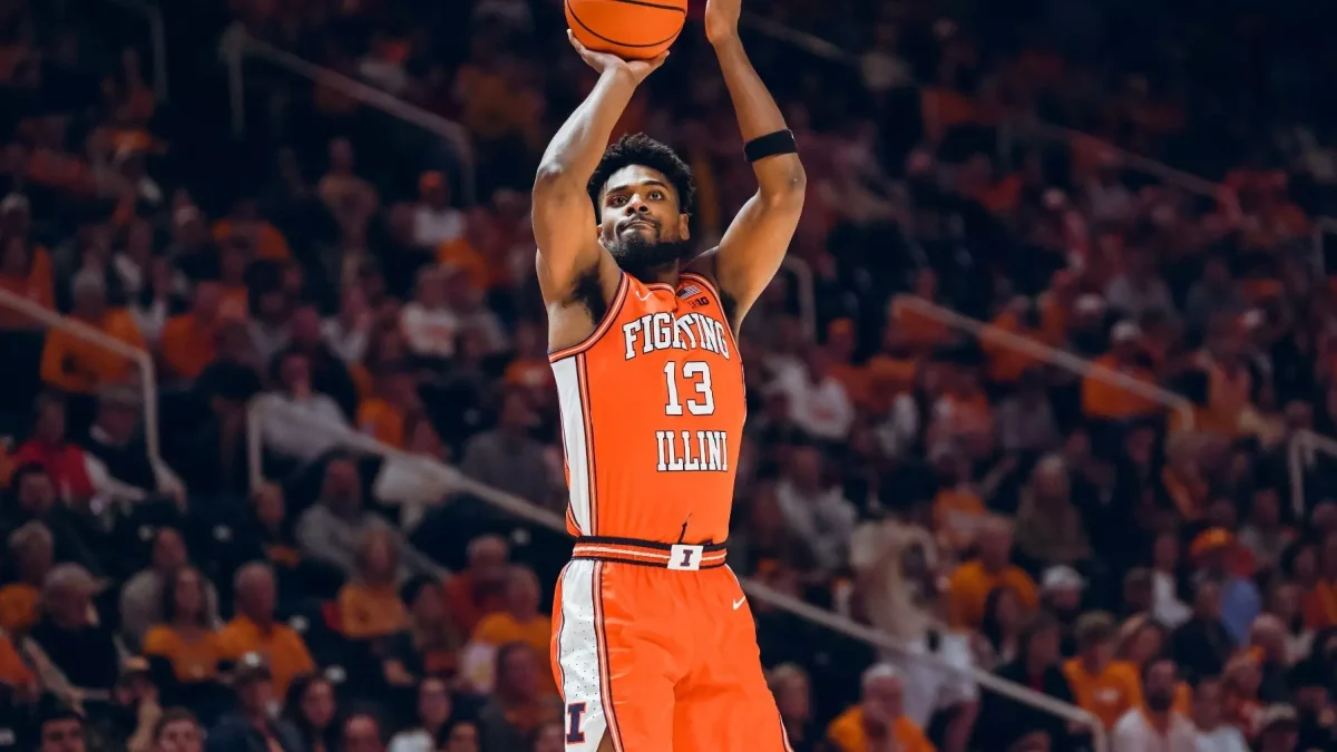 Former Illini Quincy Guerrier taking a shot during a 22-point performance against Tennessee on Dec. 9, 2023. Guerrier has signed an Exhibit 10 contract with the Toronto Raptors. 