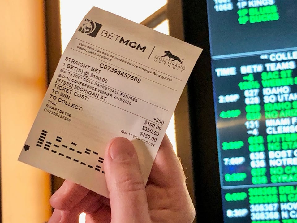 A sports betting ticket from Bet MGM at MGM Grand Detroit.