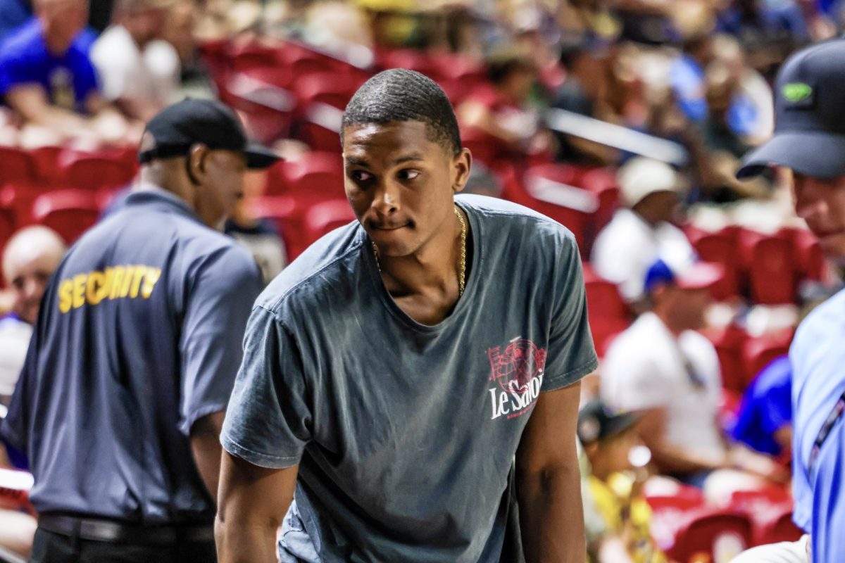 Former Illini and current New Orleans Pelican Malcolm Hill sits down to watch an NBA Summer League game on July 12, 2024 in Las Vegas.
