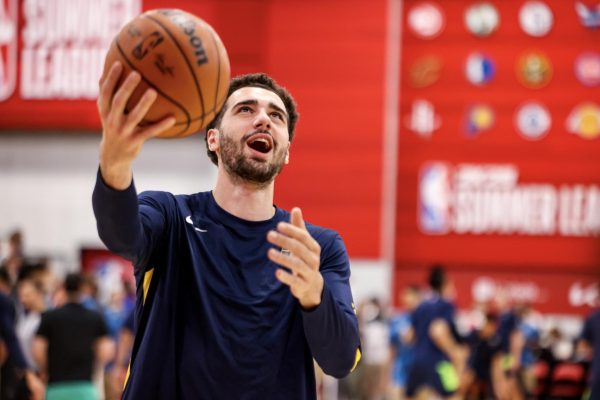 Former Illini Giorgi Bezhanishvili warms up for the Indiana Pacers before their NBA Summer League game on July 14, 2024 in Las Vegas.