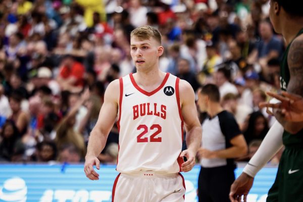 Marcus Domask enters the game for the Chicago Bulls at the 2024 NBA Summer League on July 13 in Las Vegas.