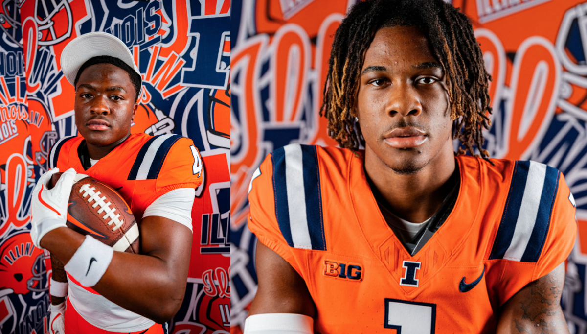 Cedric+Wyche+%28left%29+and+Robert+Jones+III+%28right%29+during+their+visits+to+the+University+in+June.+Both+players+have+committed+to+Illinois+2025+recruiting+class.
