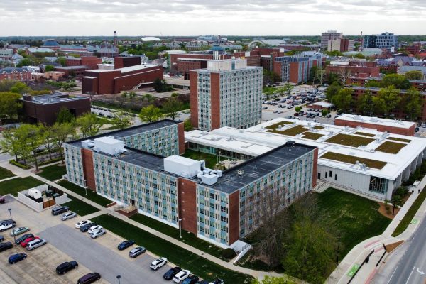 An aerial view of Illinois Street Residence Hall. University Housing is offering students $2,000 and more to live off campus.