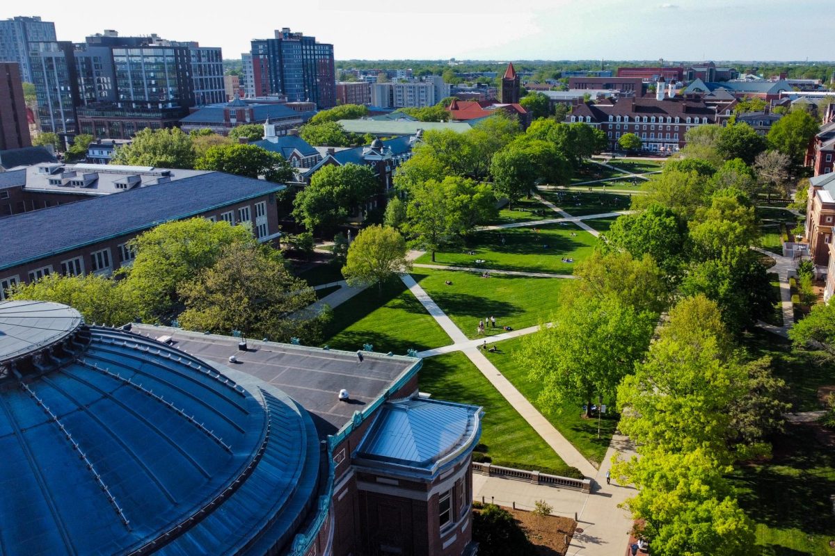 An aerial view of the University's main quad in May of 2023.