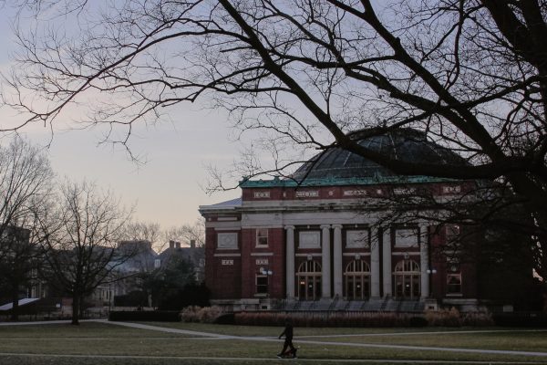 A picture of Foellinger Auditorium as the sun sets.