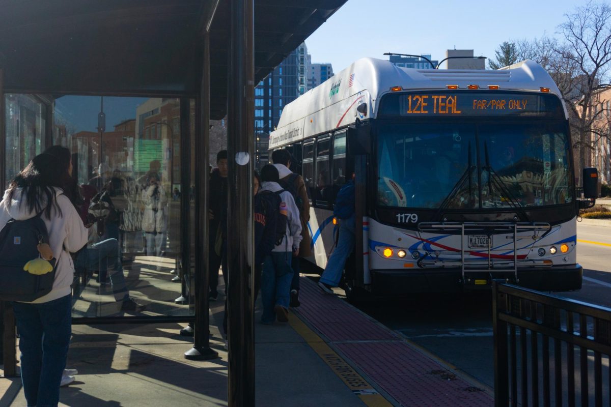 A 12E Teal bus stops at the Illini Union on Feb. 29.