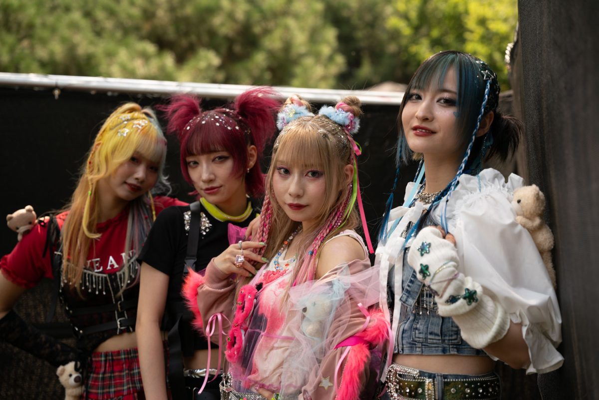 HANABIE. members (left to right) Hettsu, Matsuri, Yukina and Chika together before their Lollapalooza set at the T-Mobile set on Sunday.