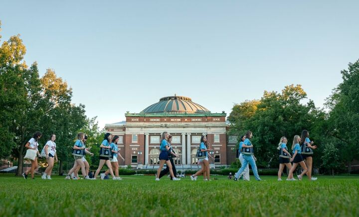 Potential members cross the Main Quad during First Invite during the 2023 fall semester.