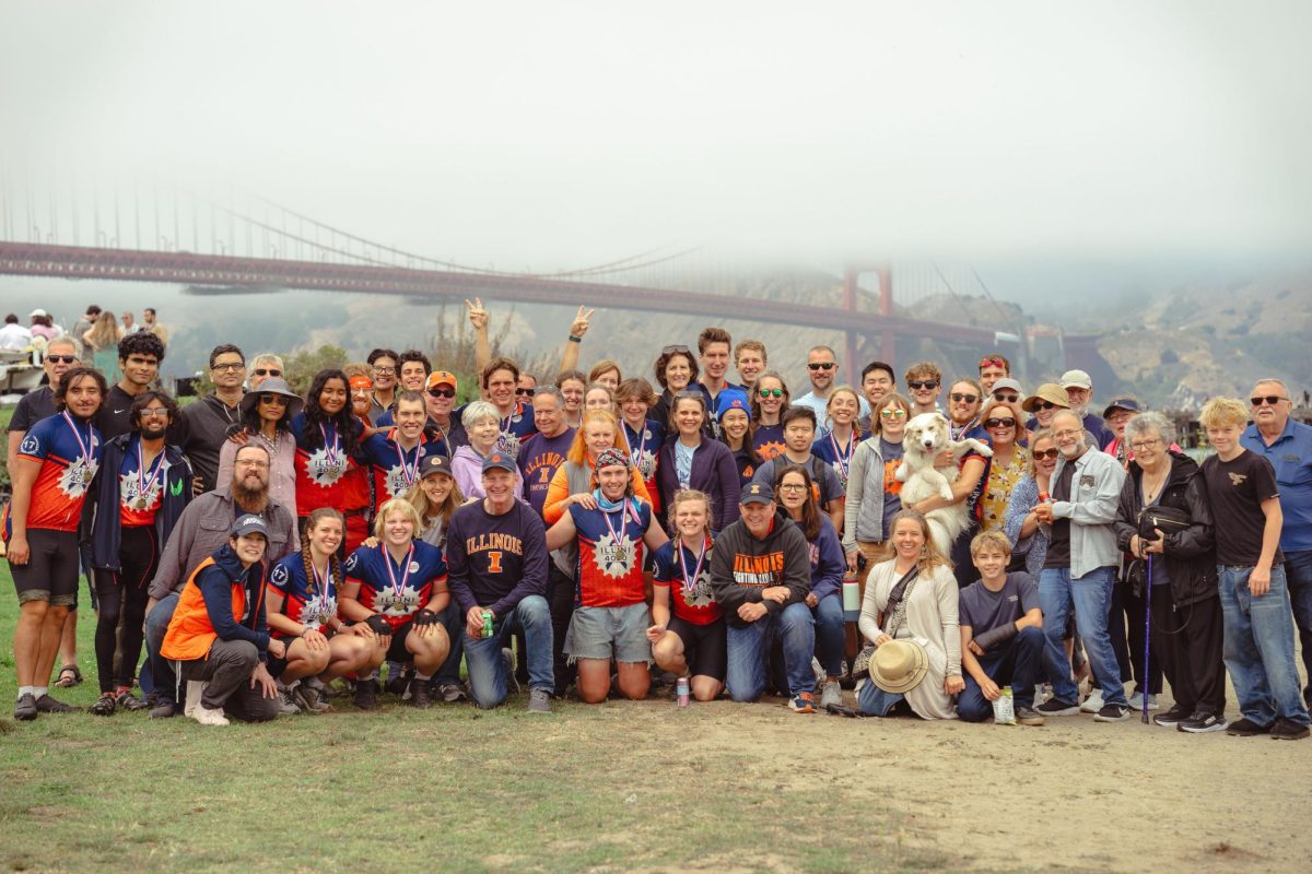 The members of Illini 4000's 2024 bike America team immediately after completing their ride.