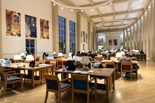 Students study at the second level of Grainger Engineering Library on Sunday night.
