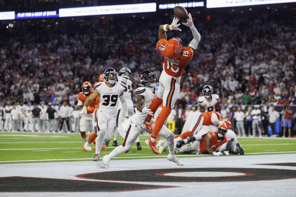 Bears wide receiver Rome Odunze misses a touchdown catch during the second quarter against the Texans at NRG Stadium Sunday Sept. 15, 2024, in Houston.