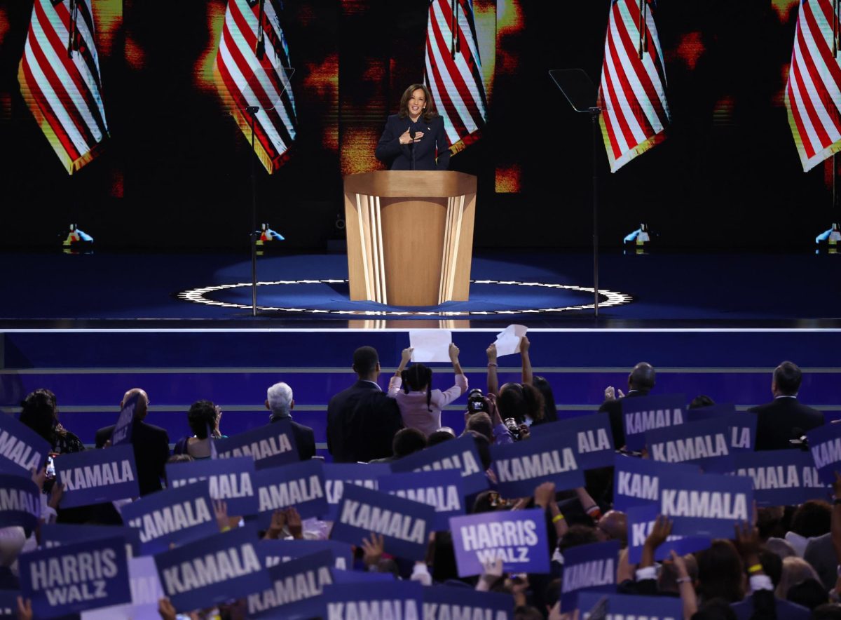 Democratic presidential nominee Vice President Kamala Harris speaks at the Democratic National Convention at the United Center in Chicago on Thursday, Aug. 22.