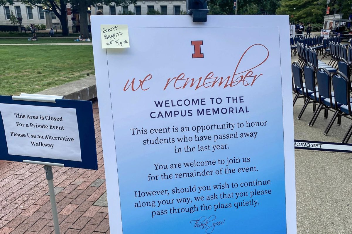 A sign marking the entrance to the “We Remember” memorial in front of Illini Union on Sept. 26, 2024.