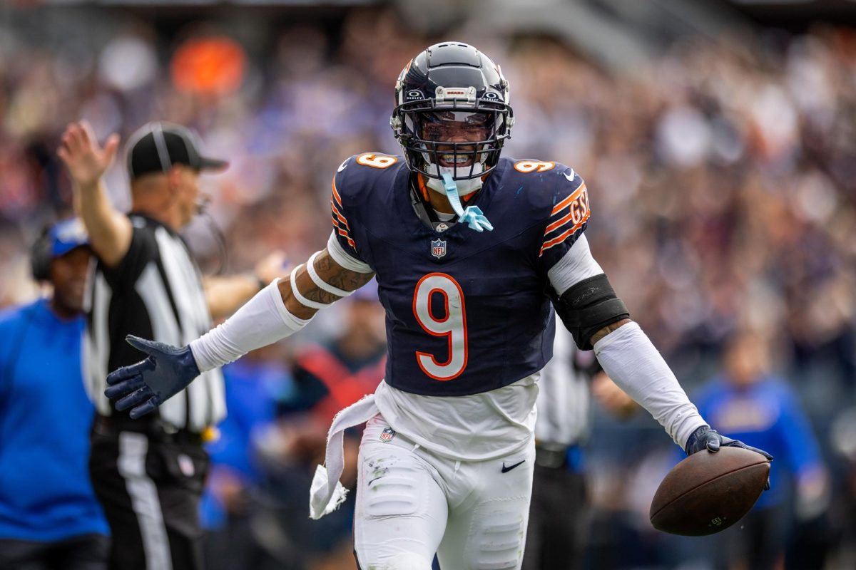 Chicago Bears’ safety Jaquan Brisker celebrates after an interception during the second half against the Los Angeles Rams at Soldier Field on Sunday, Sept. 29. The Bears won 24-18 against the Rams. 