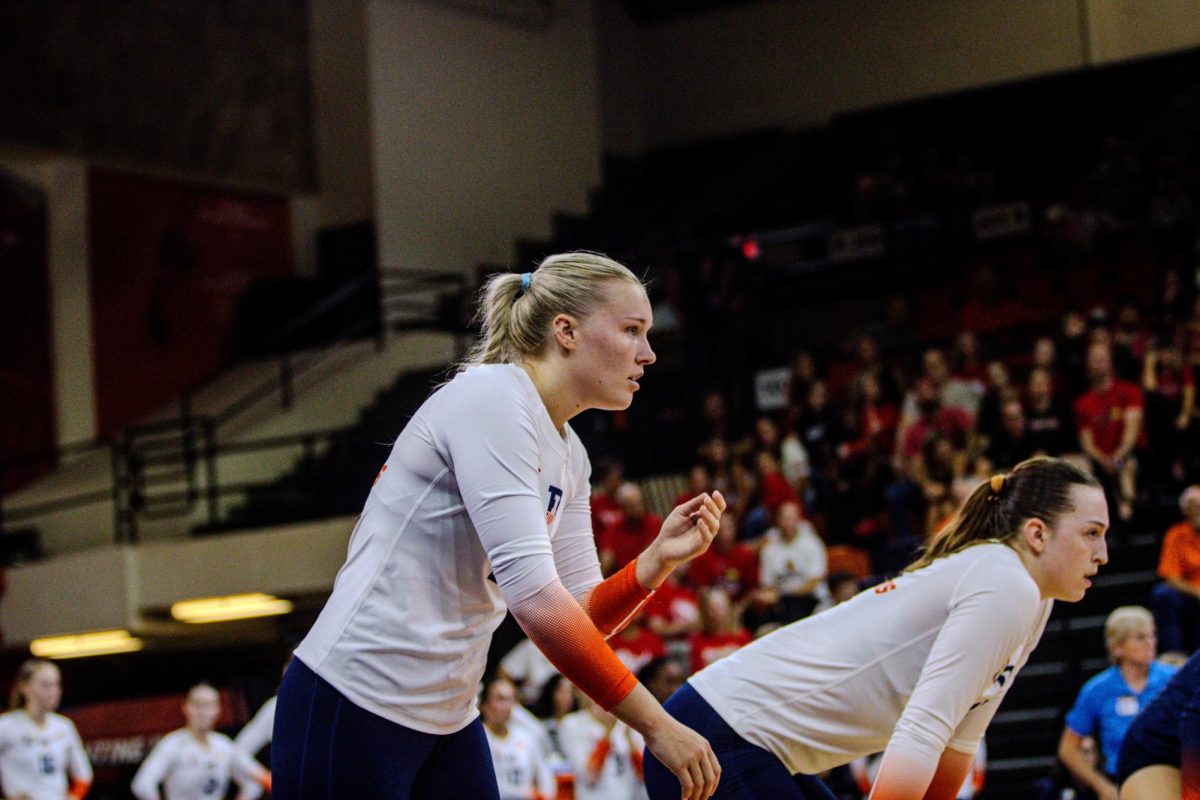 Redshirt Junior Setter Brooke Mosher getting into position before a point during a match against ISU on Sept. 3.