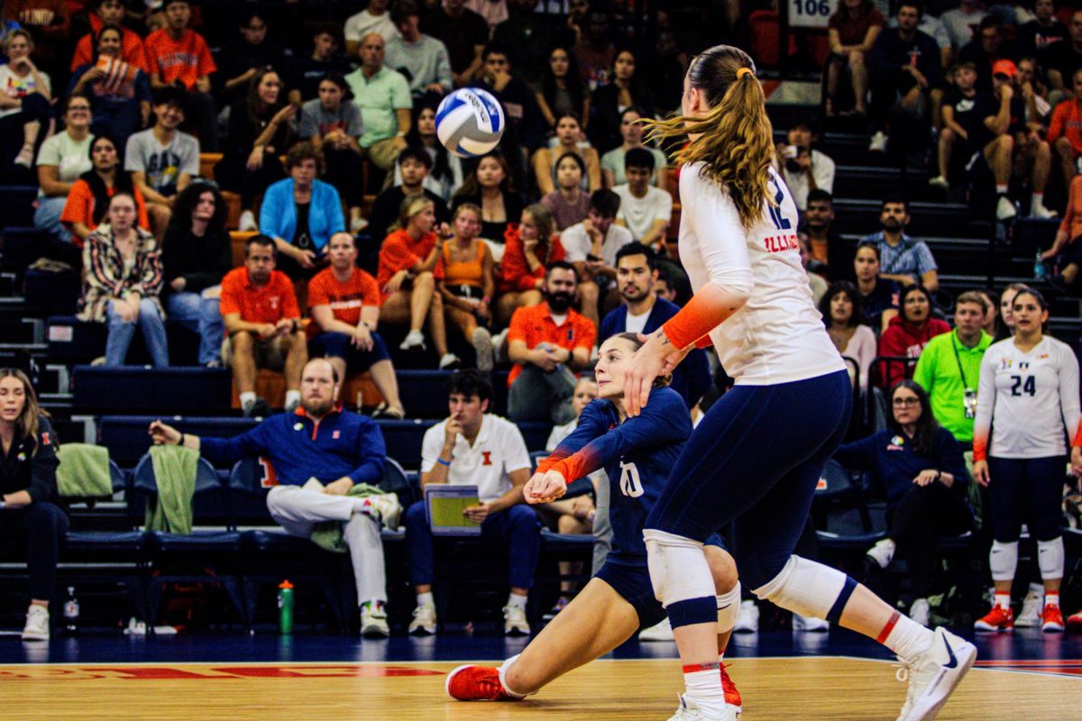 Senior libero Caroline Barnes dives for a dig against Illinois State on Sept. 3 at Huff Hall.