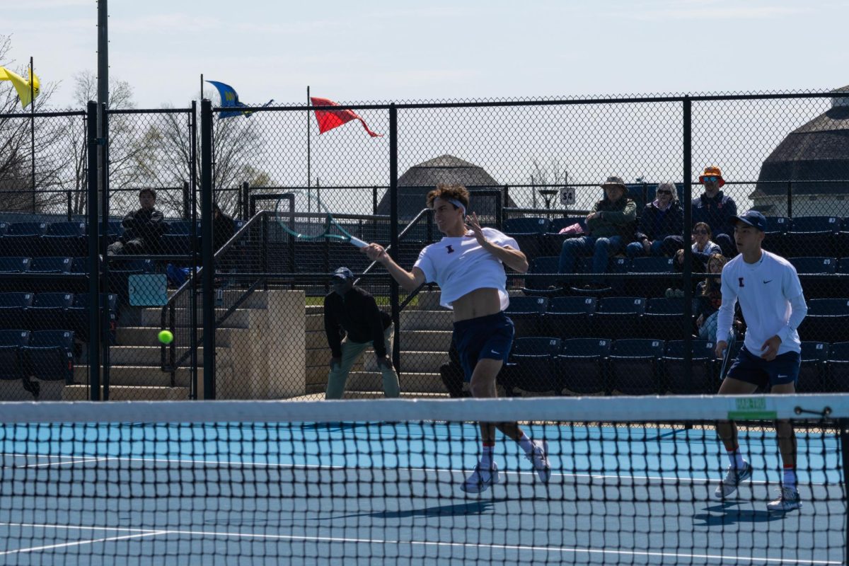 Junior Mathis Debru returning a hit from Junior Will Cooksey and Freshman Alex Cairo. Debru and Sophomore Kenta Miyoshi defeated Cooksey and Cairo 6-1 in doubles.