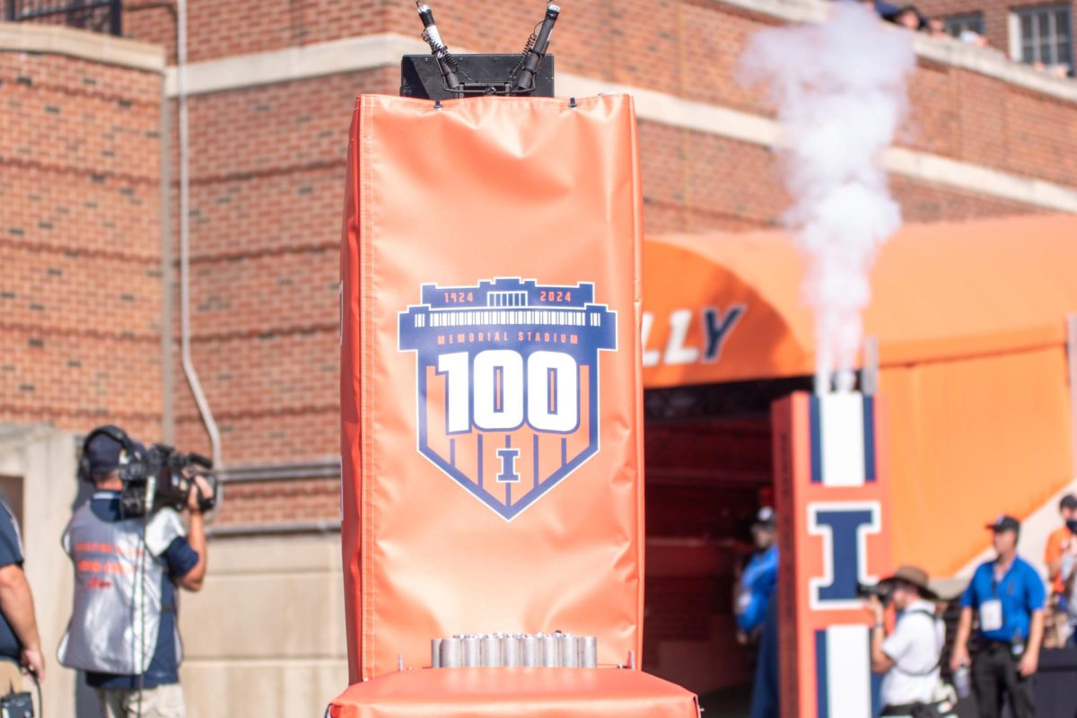 A 100th anniversary logo adorns pyrotechnic equipment used during the player introductions during football games in Memorial Stadium in Champaign for the 2024 football season. 