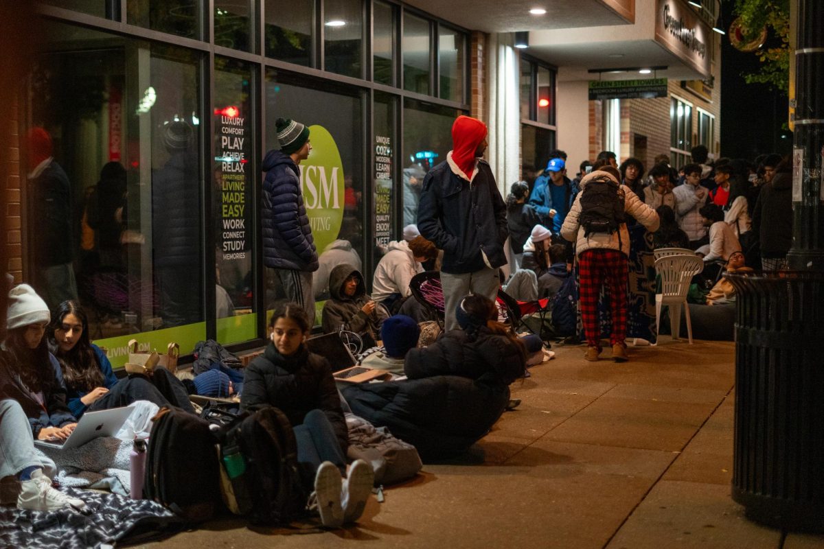 On the night of Oct. 16, 2023 into the early morning of Oct. 17, 2023 hundreds of students line up outside of JSM Living on the corner of East Green and South Wright streets in hopes of signing a lease at one of over 40 rental properties offered by the company. The office would not open until 9 a.m. on Oct. 17, 2023.
