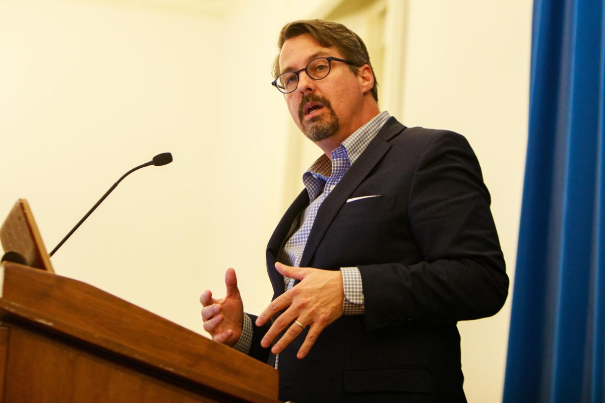 Turning Point USA speaker Dr. Chad Pecknold is speaking to an audience at the Union. Dr. Chad Pecknold was presenting a speech called "Can America Be Saved?" at 7 p.m. in Room 103 at the Union on October 23, 2024 in Urbana, IL, addressing the future of postliberalism in the United States.