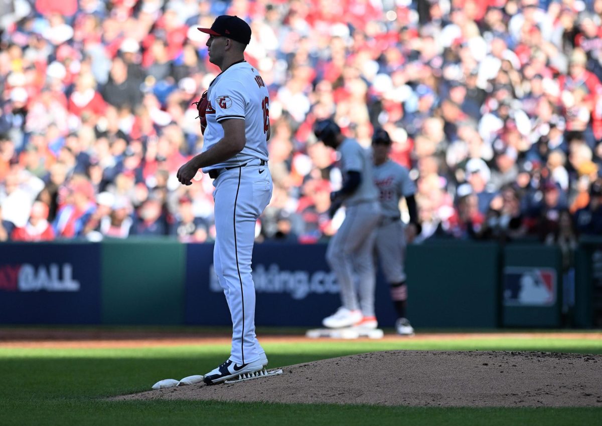 Cleveland pitcher Matthew Boyd stands on the mound after walking Tigers Matt Vierling in the third inning. Detroit Tigers vs Cleveland Guardians in MLB ALDS Game 2 at Progressive Field in Cleveland, Ohio on October 7, 2024.