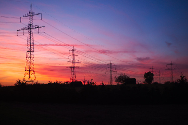 Electricity pylons in the evening light on Nov. 3, 2016. 

