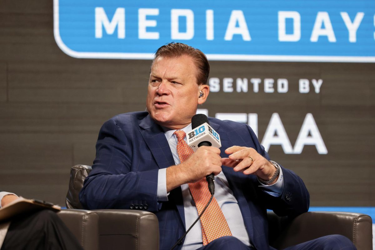 Brad Underwood speaks on a coaches panel at 2024 Big Ten Basketball Media Day in Rosemont, Illinois on Thursday, October 3.