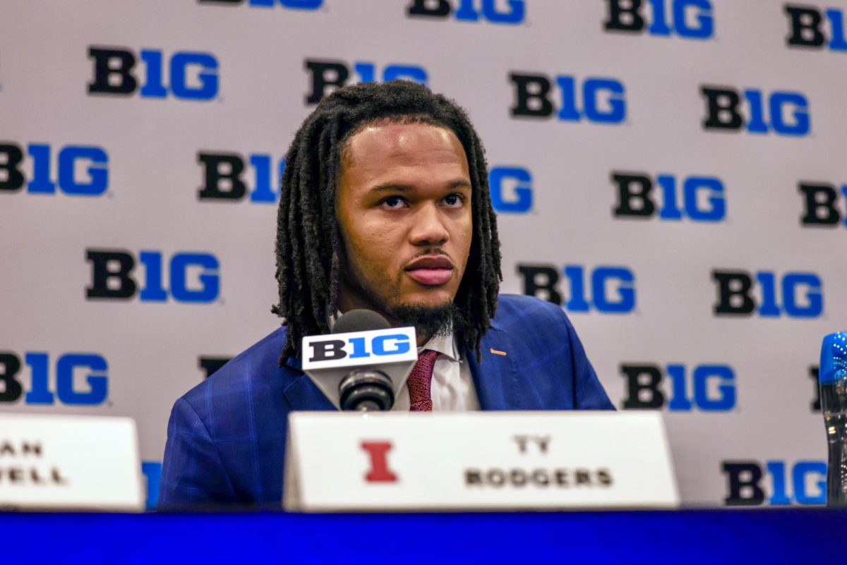 Junior guard/forward Ty Rodgers speaks to the media on October 3, 2024 at Big Ten Media Day in Rosemont, Illinois.