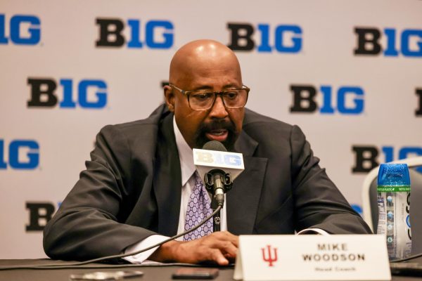 Indiana head coach Mike Woodson talks to the media at Big Ten Men's Basketball Media Day on October 3, 2024 in Rosemont, Illinois.