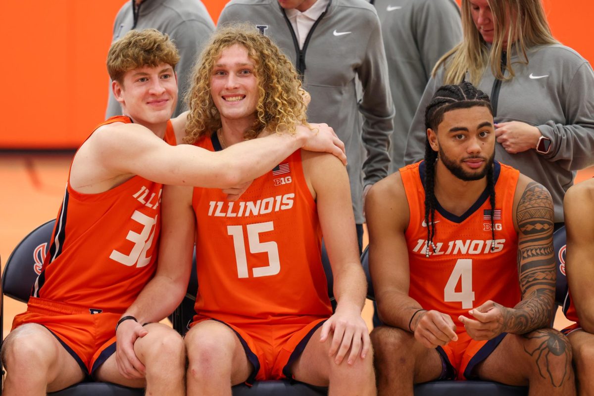 Illini guards (from left to right) Kasparas Jakucionis, Kylan Boswell and Jake Davis at media day on October 11