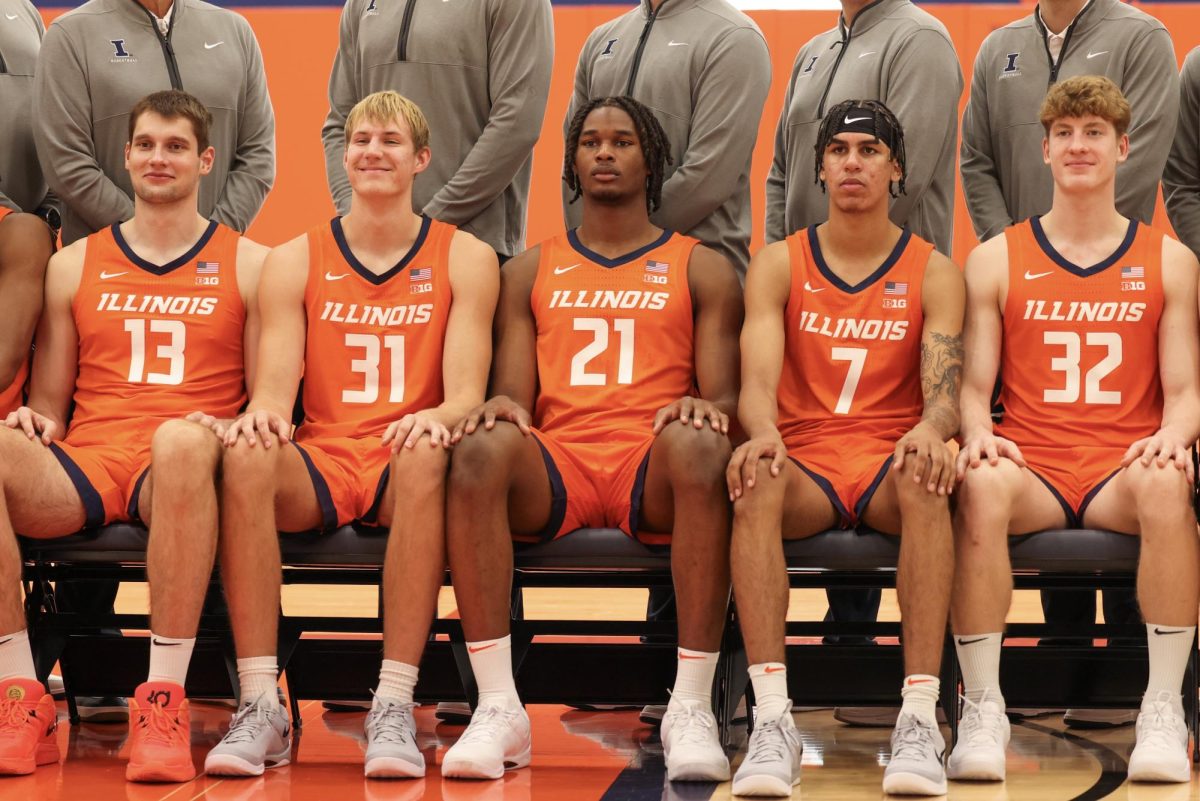 Illinois basketball freshmen (from left to right) Tomislav Ivisic, Jason Jakstys, Morez Johnson, Will Riley and Kasparas Jakucionis pose for a team photo at media day on October 11, 2024