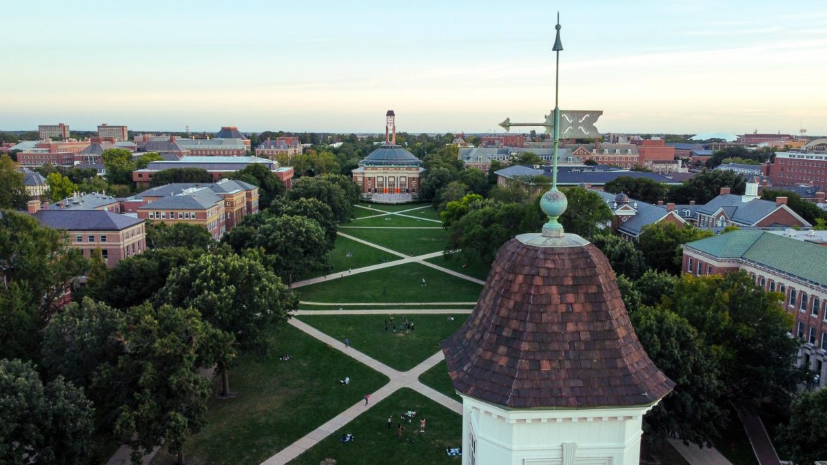 Foellinger Auditorium sits at the south end of the Main Quad, as seen from a drone on Sept. 6.