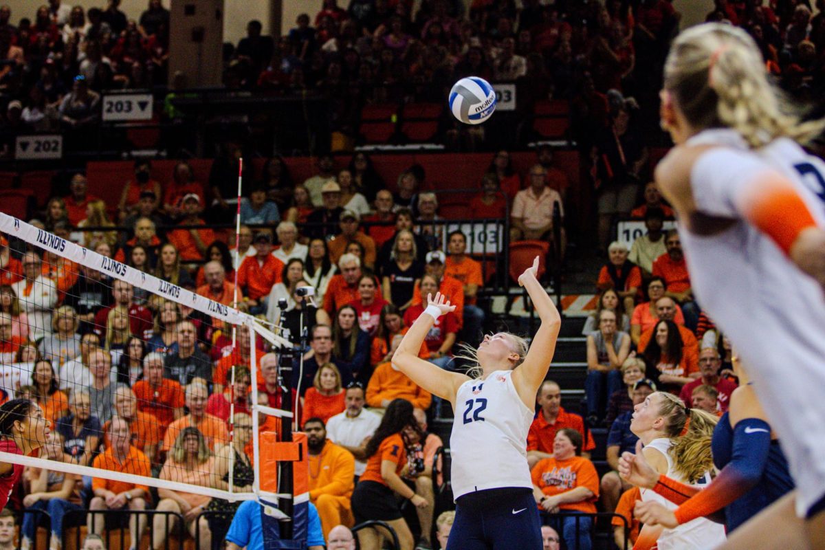 Returning junior Brooke Mosher is Illinois’ golden setter as she has a perfect night of bumps, sets and spikes.