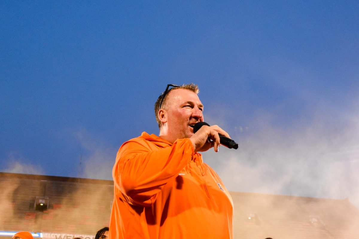 Illinois Football coach Bret Bielma speaks to incoming students at Sights and Sounds 2024 in August at Memorial Stadium.