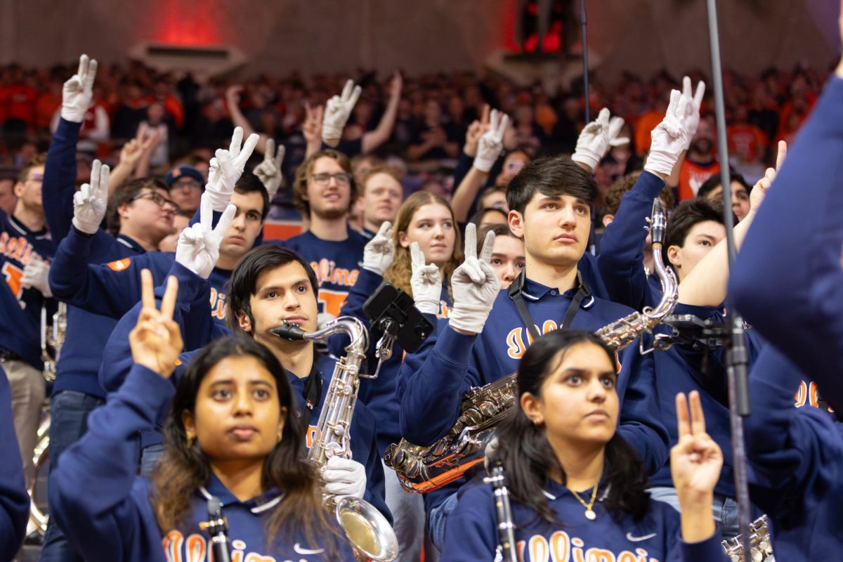 The Marching Illini await an Illinois free throw attempt against Indiana on Jan. 27. 