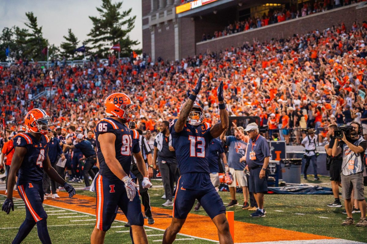 Senior Pat Bryant celebrates the game-winning touchdown on Oct. 12 at Memorial Stadium.