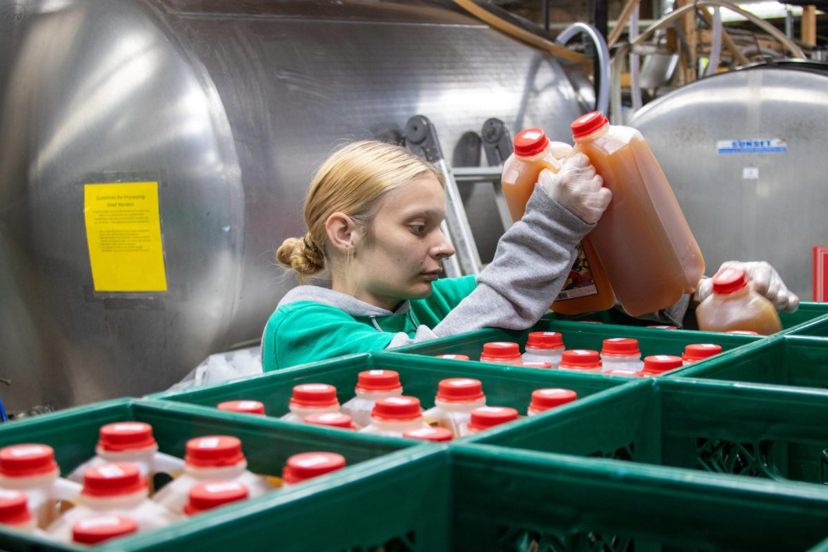 An employee at Curtis Apple Orchard organizes freshly bottled apple cider onto a pallet, ensuring the products are ready for distribution.