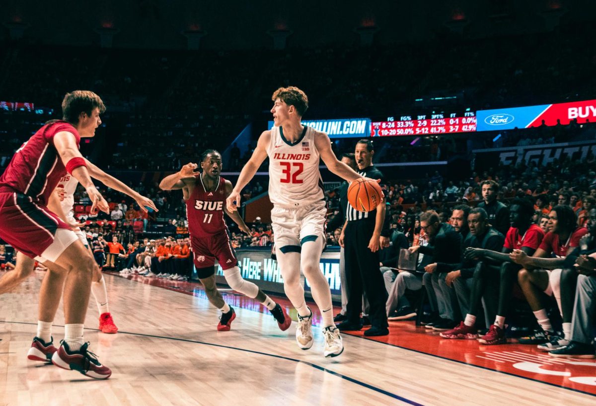 Freshman guard Kasparas Jakucionis dribbles in the corner against SIUE on Nov. 8.