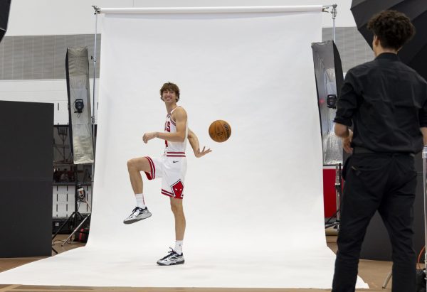 Matas Buzelis poses for pictures Monday, Sept. 30, during Bulls media day at the Advocate Center. (Brian Cassella/Chicago Tribune/TNS)