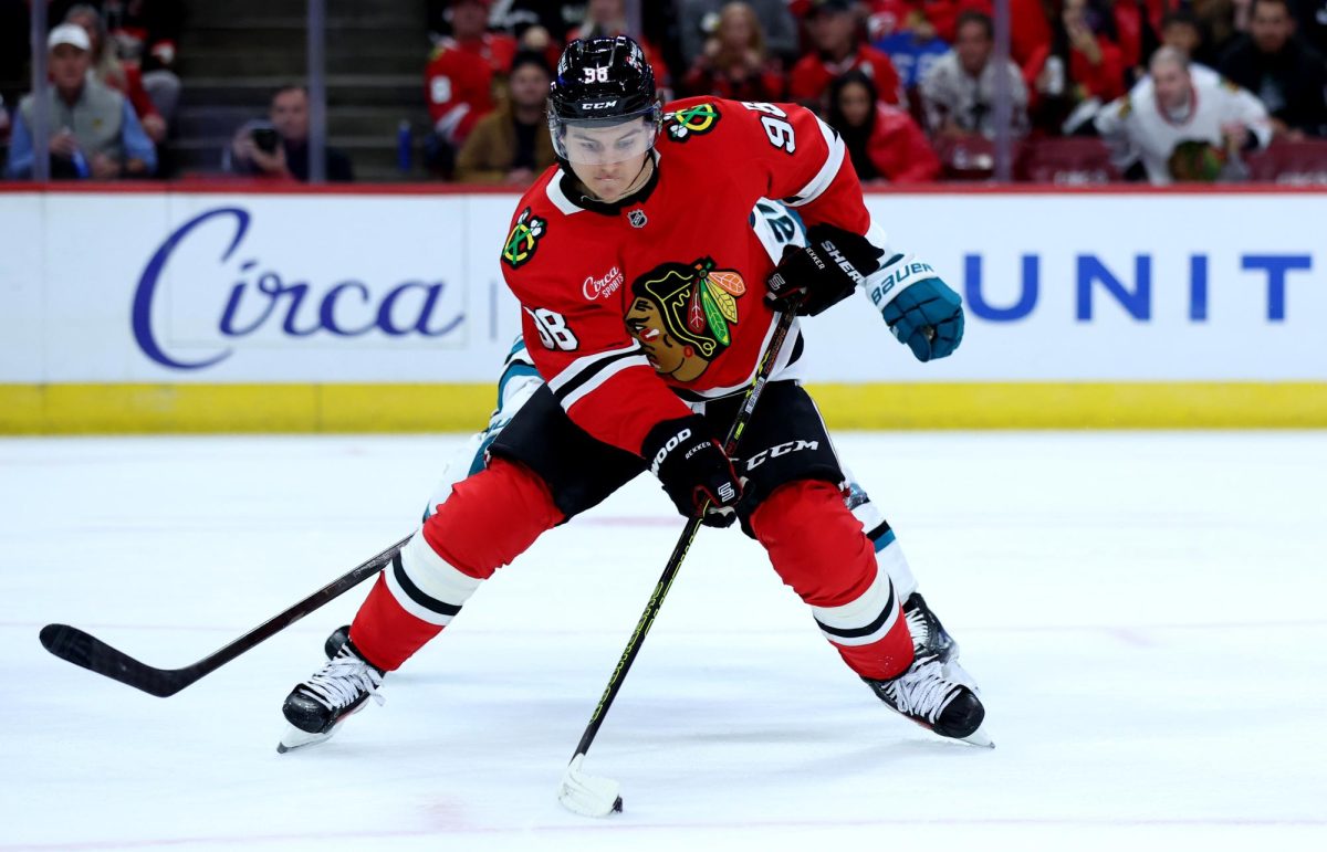 Chicago Blackhawks center Connor Bedard (98) looks to make a move in the third period of the Blackhawks home opener against the San Jose Sharks at the United Center in Chicago on Oct. 17, 2024. (Chris Sweda/Chicago Tribune)